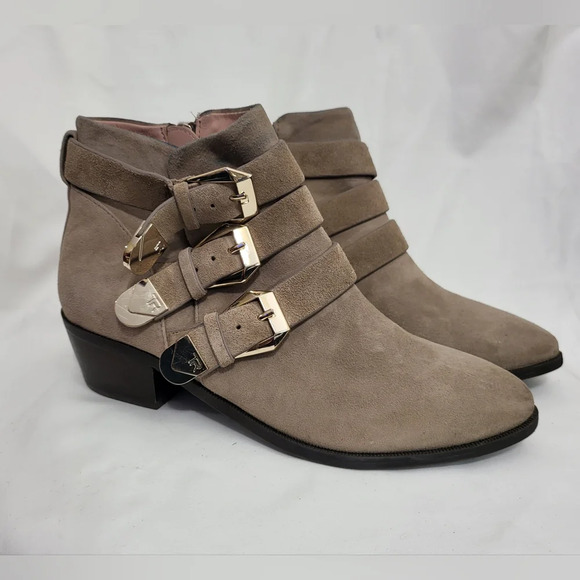 Taryn Rose Women's Samantha Taupe Zipper & Buckle Ankle Booties, Size 8M‎ - Picture 1 of 12